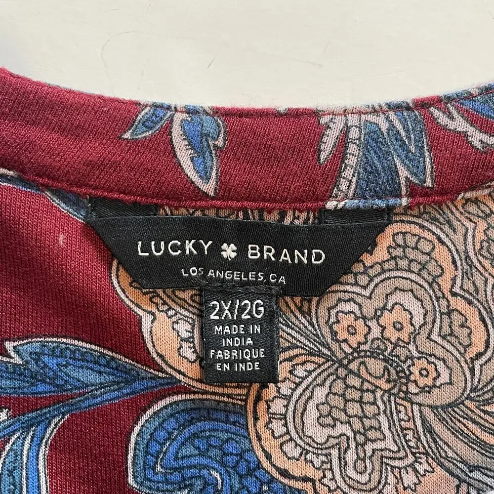 Lucky Brand Floral Henley Top Womens Size 2X Burgundy Blue Border Knit Peasant